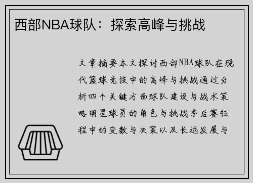 西部NBA球队：探索高峰与挑战